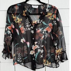 Tess Womens 6 100% Silk Sheer Floral Blouse Fairy Boho Tropical Y2K Quiet Luxury